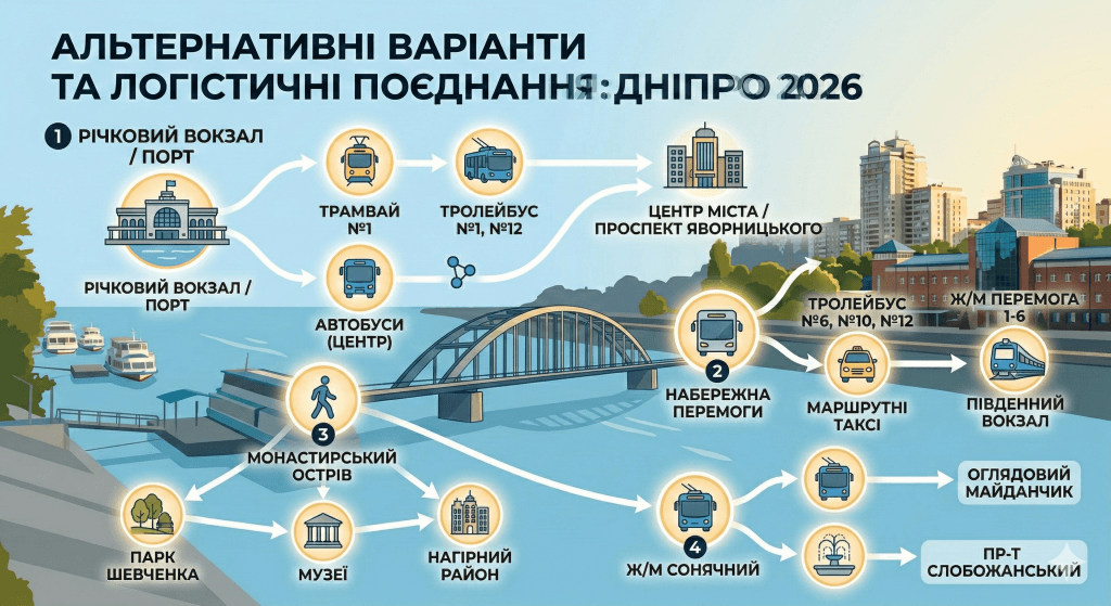 Інфографіка альтернативних варіантів транспорту та логістичних поєднань у Дніпрі 2026 пересадки з катерів на наземний транспорт