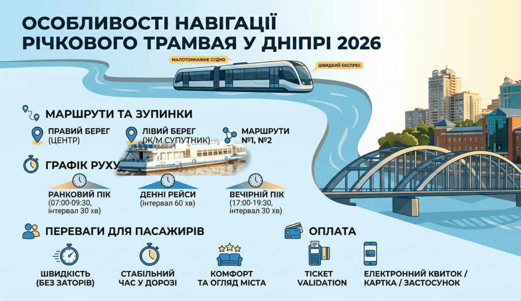 Інфографіка про особливості навігації річкового трамвая в Дніпрі 2026 розклад та переваги