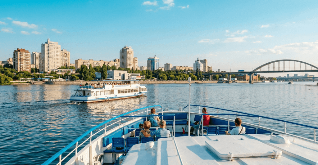 Прогулянкові катери на річці Дніпро маршрути від річкового вокзалу на фоні міського пейзажу