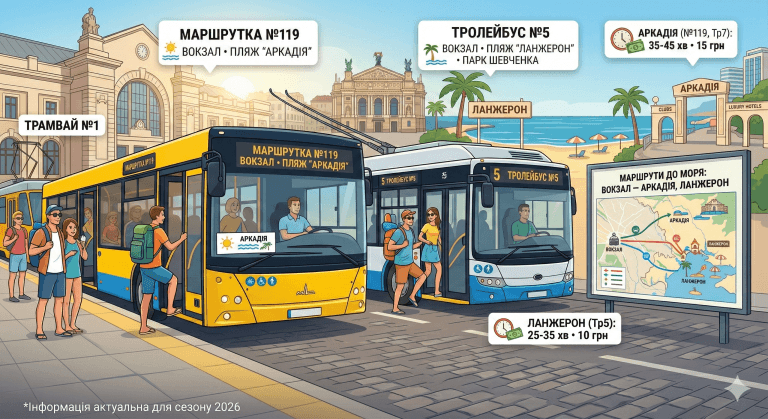 Інфографіка як доїхати з вокзалу до Аркадії та Ланжерона, маршрути Одеси, час у дорозі.