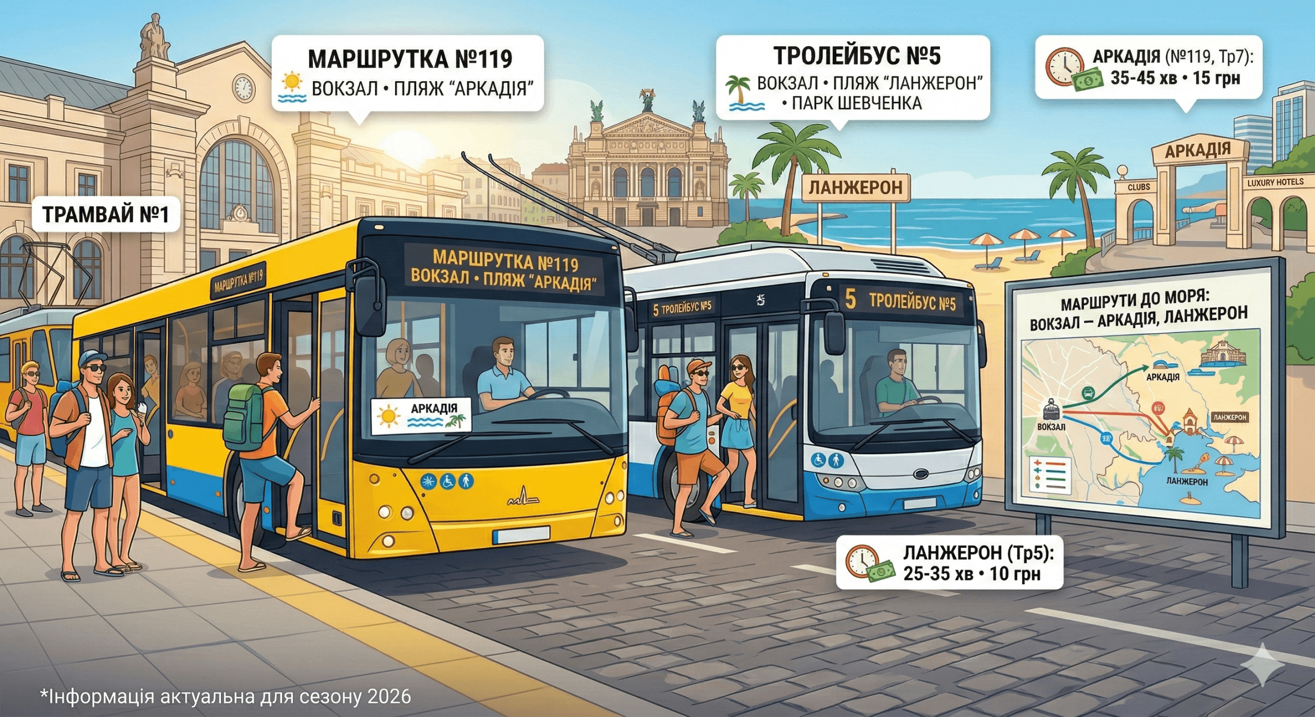 Інфографіка як доїхати з вокзалу до Аркадії та Ланжерона, маршрути Одеси, час у дорозі.