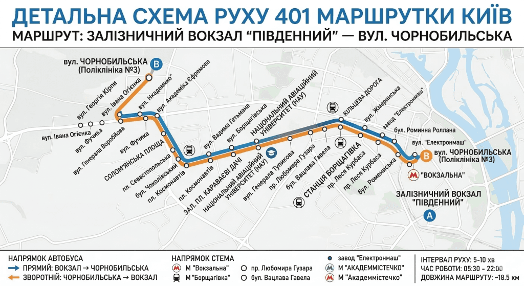 Детальна схема руху 401 маршрутки Київ