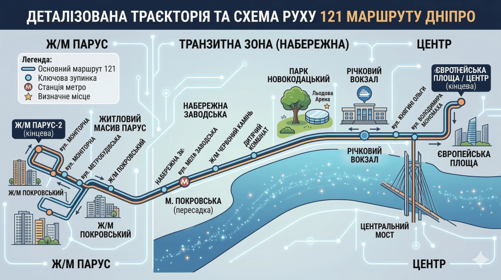 Деталізована траєкторія та схема руху 121 маршруту Дніпро