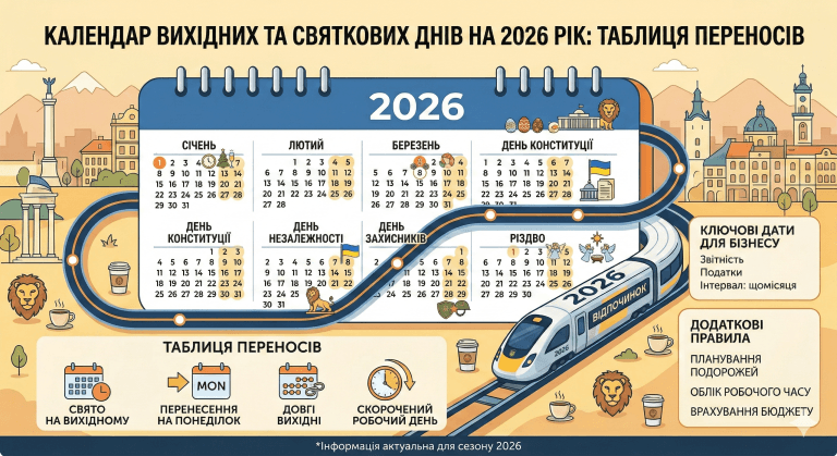 Календар вихідних та святкових днів на 2026 рік таблиця переносів