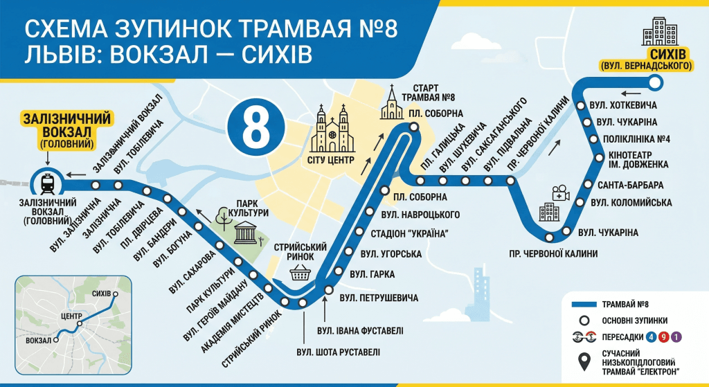Повний перелік зупинок трамвая 8 (Львів залізничний вокзал — Сихів)