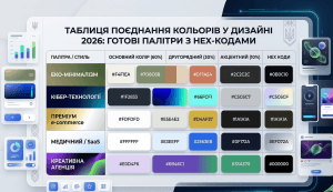 Таблиця поєднання кольорів у дизайні 2026 готові палітри з HEX-кодами