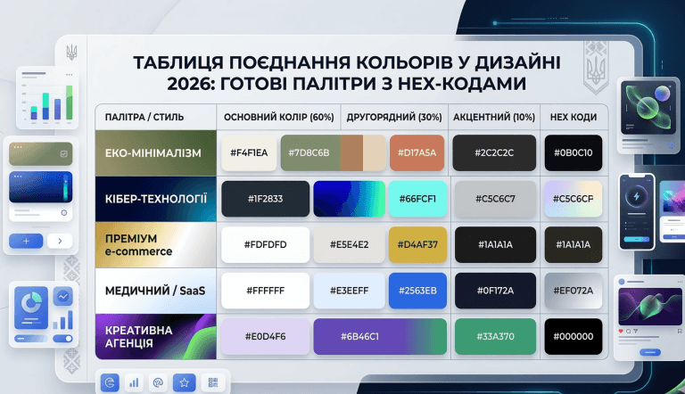 Таблиця поєднання кольорів у дизайні 2026 готові палітри з HEX-кодами