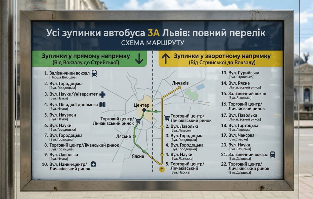 Усі зупинки автобуса 3А Львів повний перелік