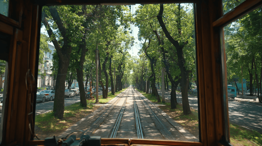 Вид із вікна трамвая №5 на Французький бульвар Одеси — маршрут до пляжів курортної зони