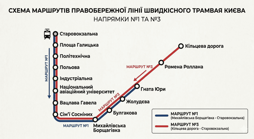 деталізація напрямків швидкісного трамвая Києва №1 та №3