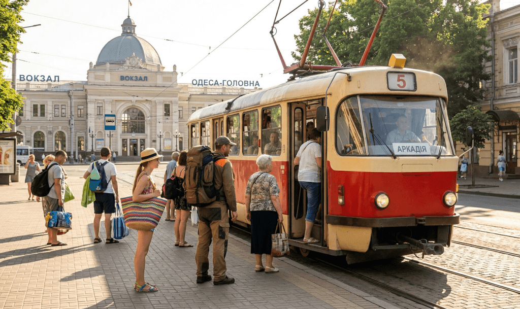 Пасажири сідають у трамвай №5 на зупинці Залізничний вокзал в Одесі