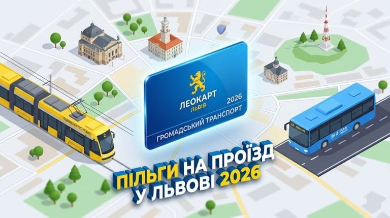 Пільговий проїзд у Львові 2026: головне зображення з карткою ЛеоКарт та міським транспортом.