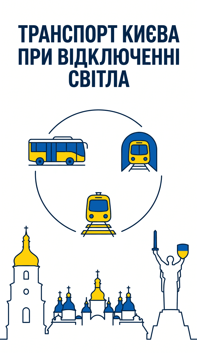 Інфографіка-обкладинка про роботу громадського транспорту Києва в умовах відключення електроенергії.