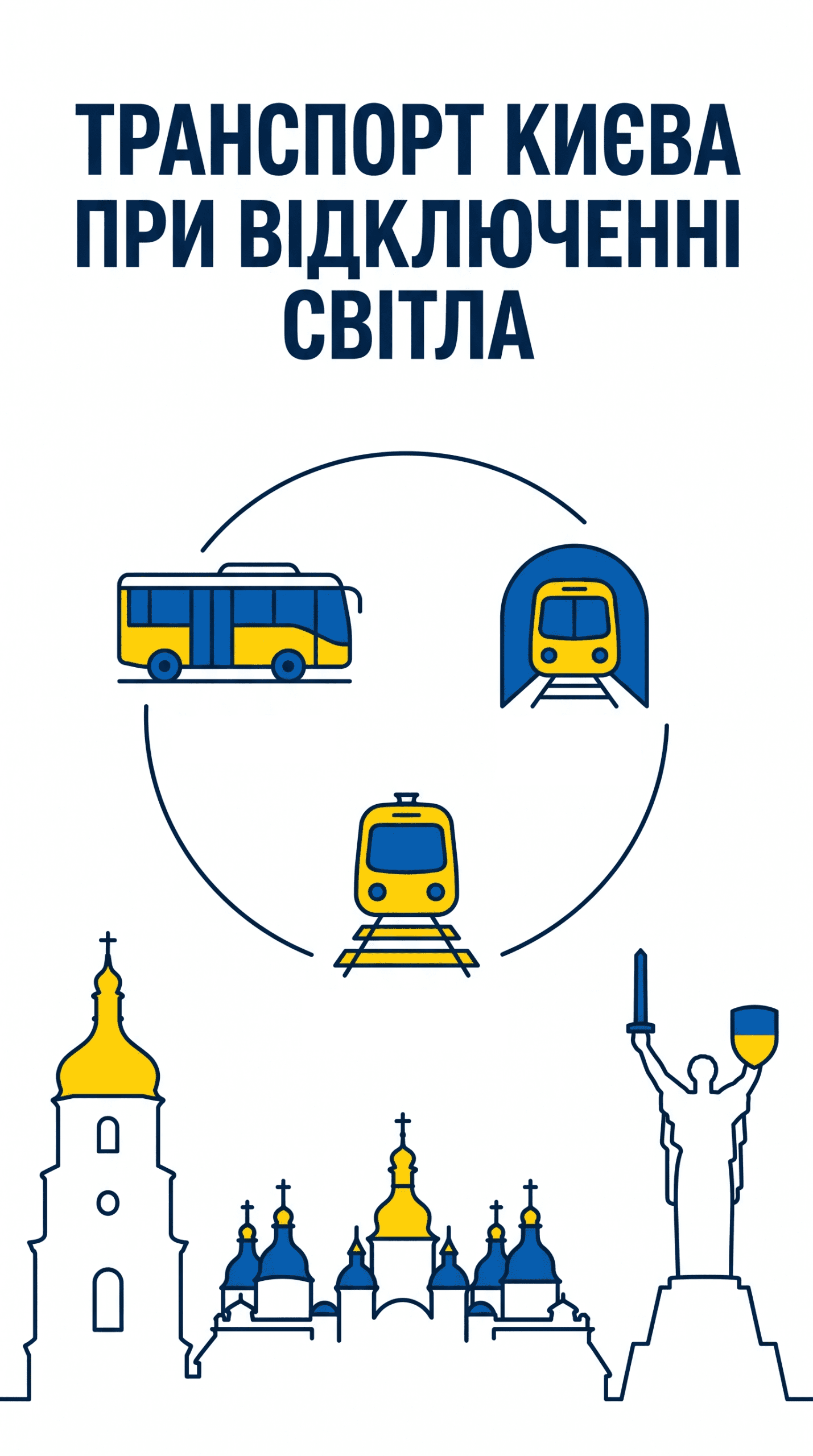 Інфографіка-обкладинка про роботу громадського транспорту Києва в умовах відключення електроенергії.
