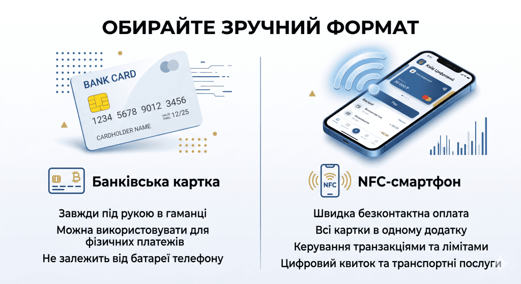 Порівняння пластикової Картки киянина та цифрового квитка у смартфоні.