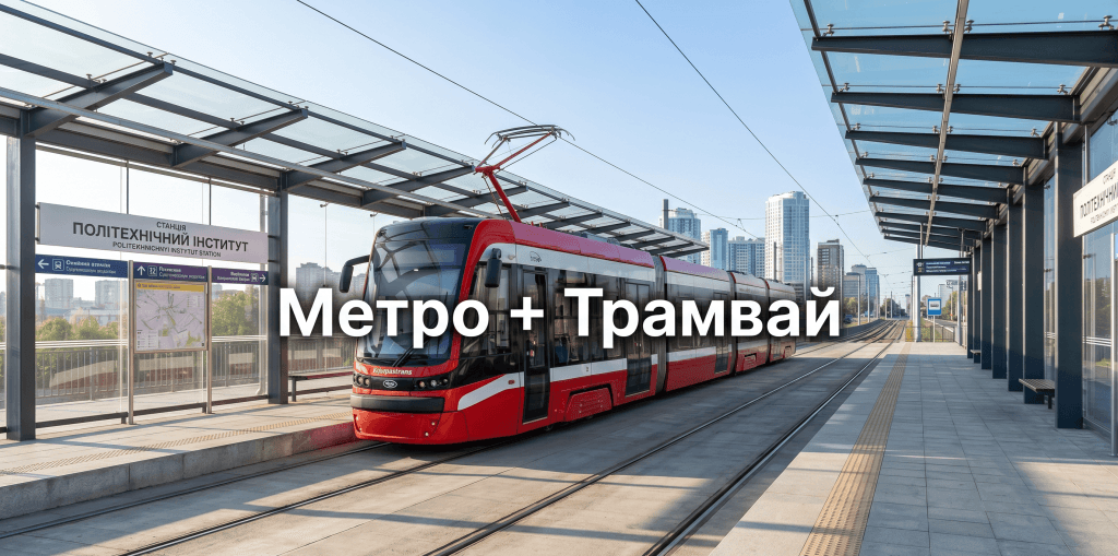 Червоний трамвай на порожній зупинці у Києві, що символізує комбінований доїзд на Троєщину без заторів.