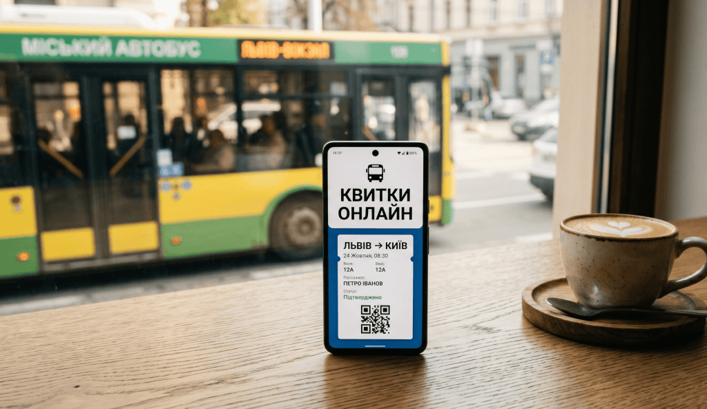 Смартфон із відкритим додатком для купівлі квитків на автобус онлайн.