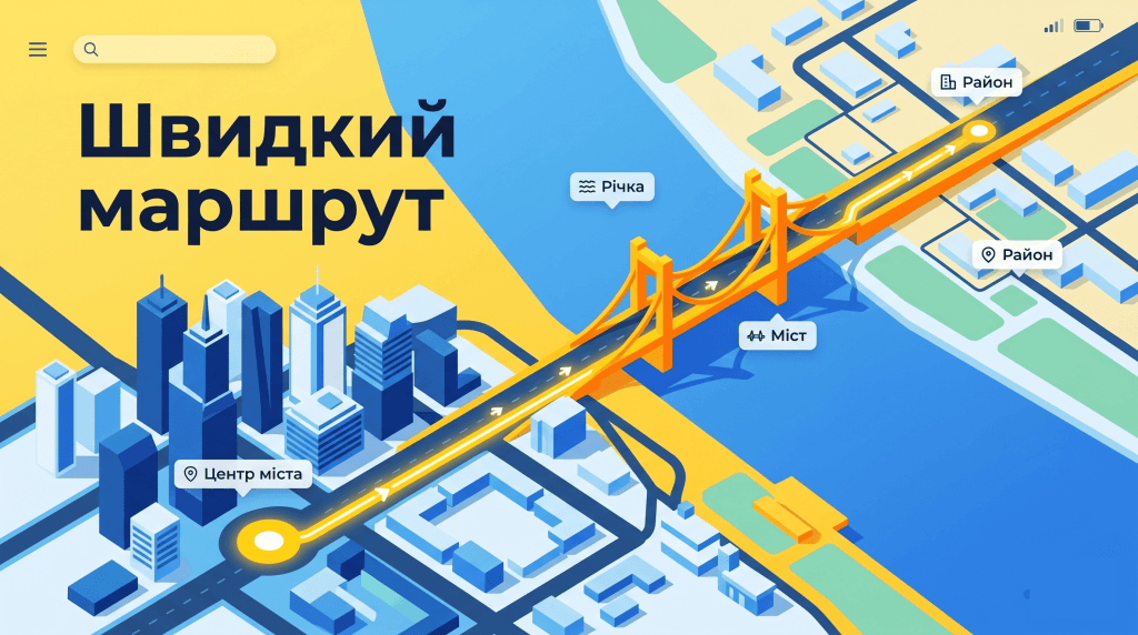 Графічна 3D карта, яка ілюструє найшвидший маршрут з центру Києва на речовий ринок Троєщина через річку.