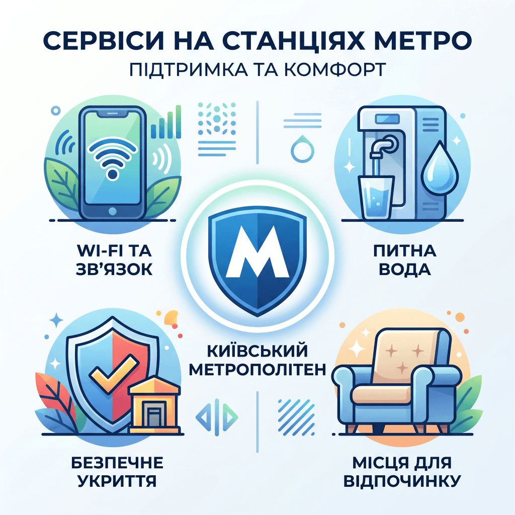 Перелік послуг на станціях київського метрополітену, що працюють як пункти незламності під час блекауту.