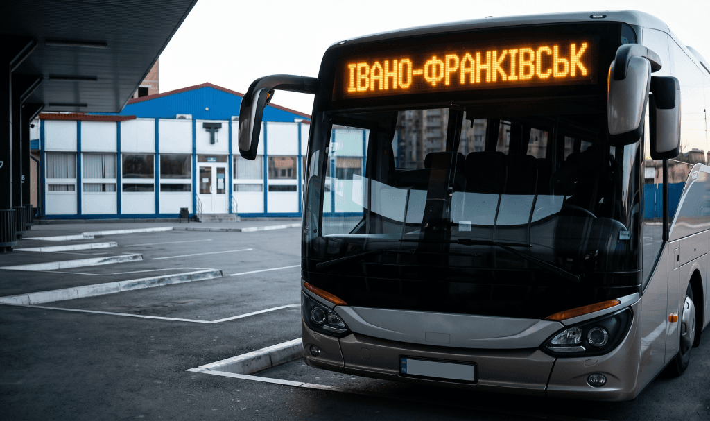 Сучасний міжміський автобус на платформі автостанції Івано-Франківська.