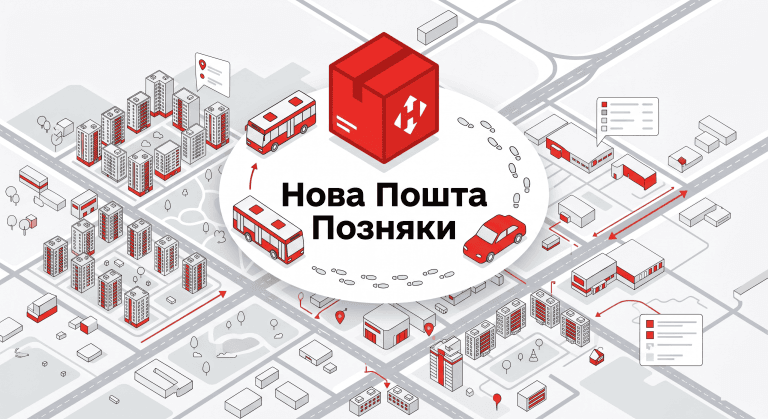 Інфографіка: різні способи дістатися до Нової Пошти на Позняках у місті Київ