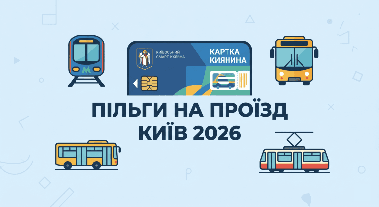 Інфографіка про пільги на проїзд у Києві 2026 для ВПО та пенсіонерів.