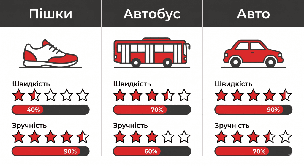 Діаграма порівняння часу та зручності: пішки, транспортом або на авто до Нової Пошти (Київ, Позняки)