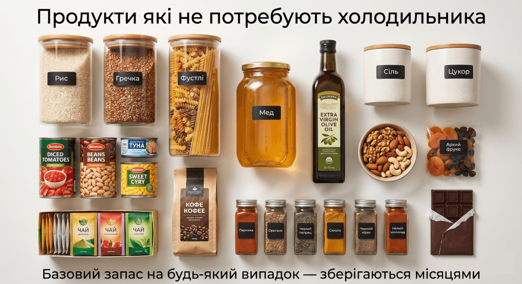 продукти які не потребують холодильника список — крупи консерви мед горіхи базовий запас