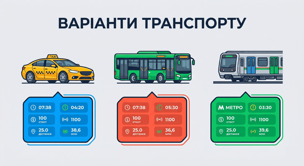 Діаграма варіантів транспорту від Борисполя до виставкового центру: таксі, автобус та метро.