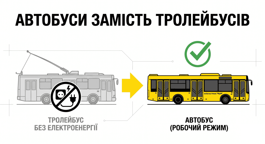 Візуалізація схеми заміни тролейбусних маршрутів Києва автобусами під час знеструмлення контактної мережі.