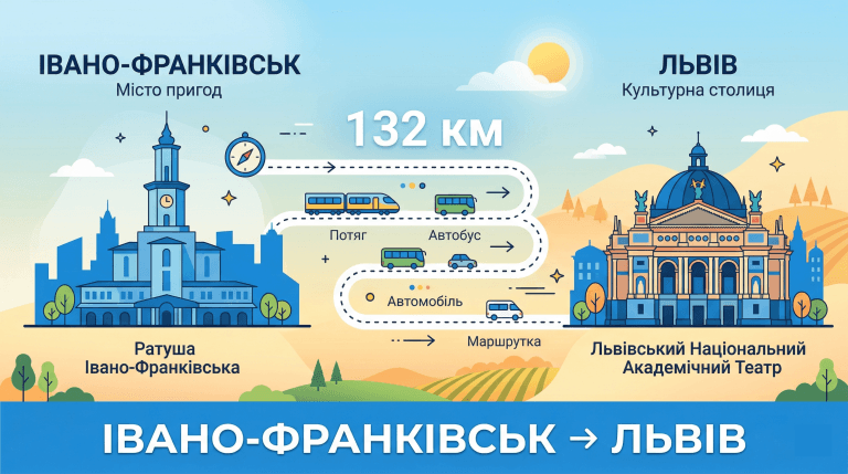 Інфографіка маршруту Івано-Франківськ — Львів 132 км з іконками автобуса потяга та автомобіля між силуетами двох міст
