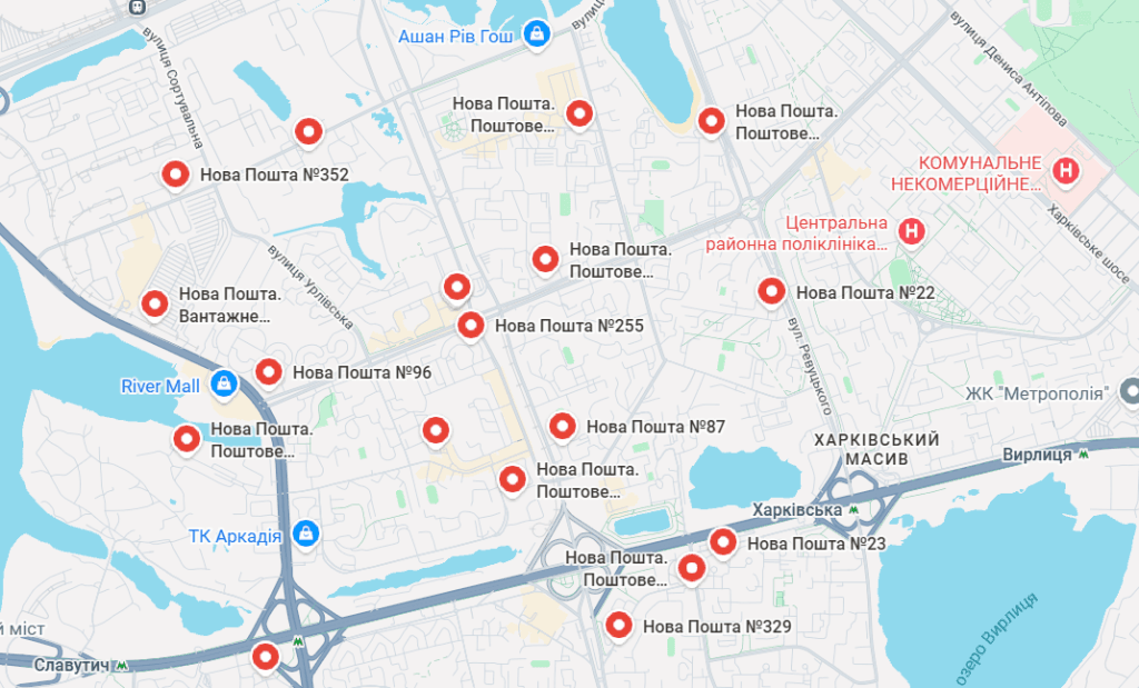 Карта відділень Нової Пошти на Позняках у Києві