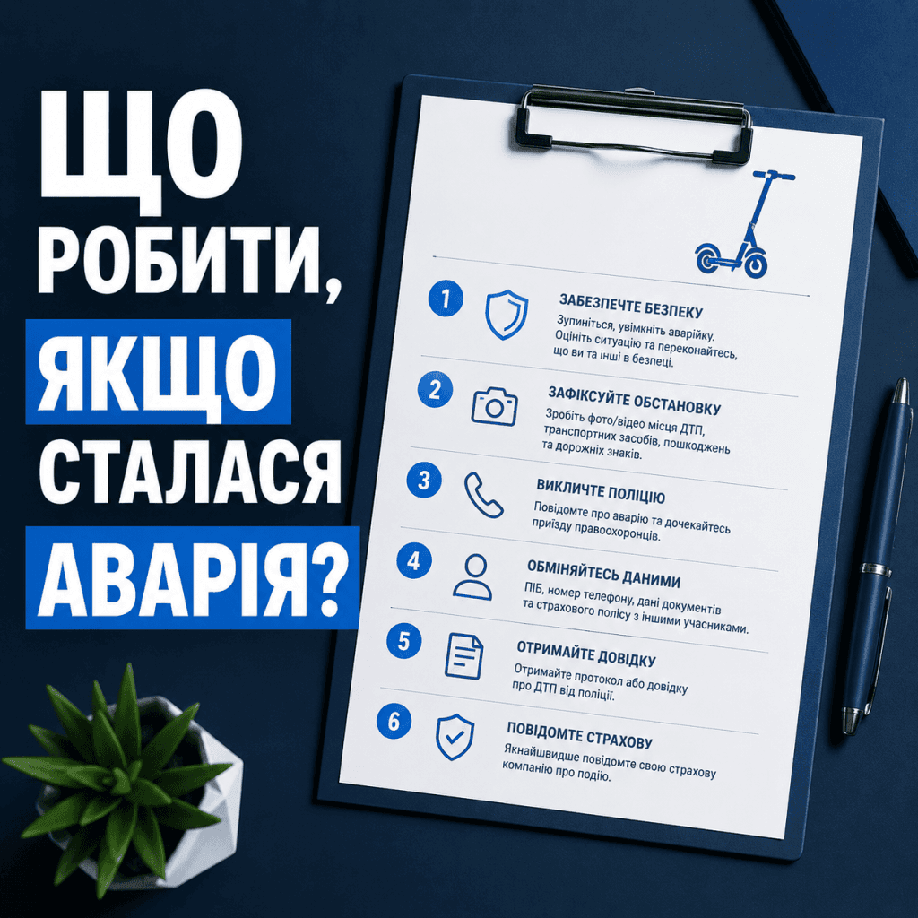 Мінімалістичний цифровий чек-ліст блакитного кольору з іконкою самоката, що ілюструє покроковий алгоритм дій. Напис: Що робити, якщо сталася аварія?