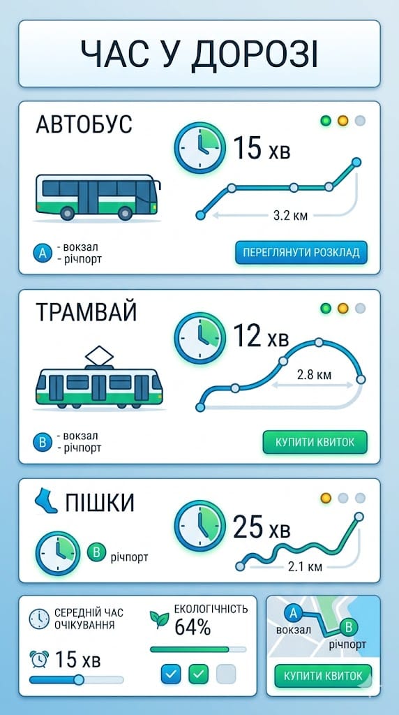 Інфографіка з розрахунком часу в дорозі від залізничного вокзалу та центру до річкового порту Дніпро.