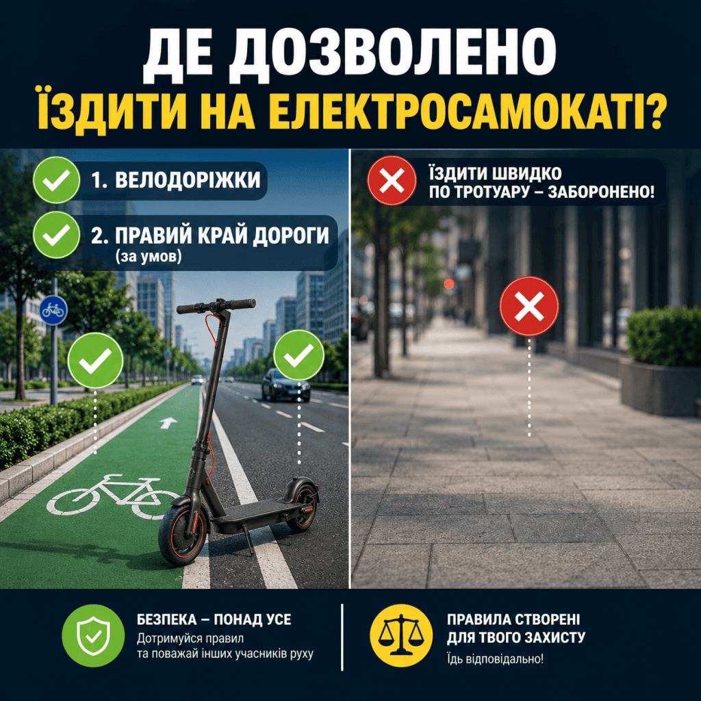 Графічна інфографіка, що роз'яснює дозволені та заборонені зони для руху на електросамокаті.