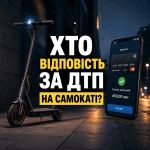 Електросамокат на міському тротуарі поруч із великим екраном смартфона, де відкрито додаток оренди та прив'язану банківську картку. Напис: Хто відповість за ДТП на самокаті?
