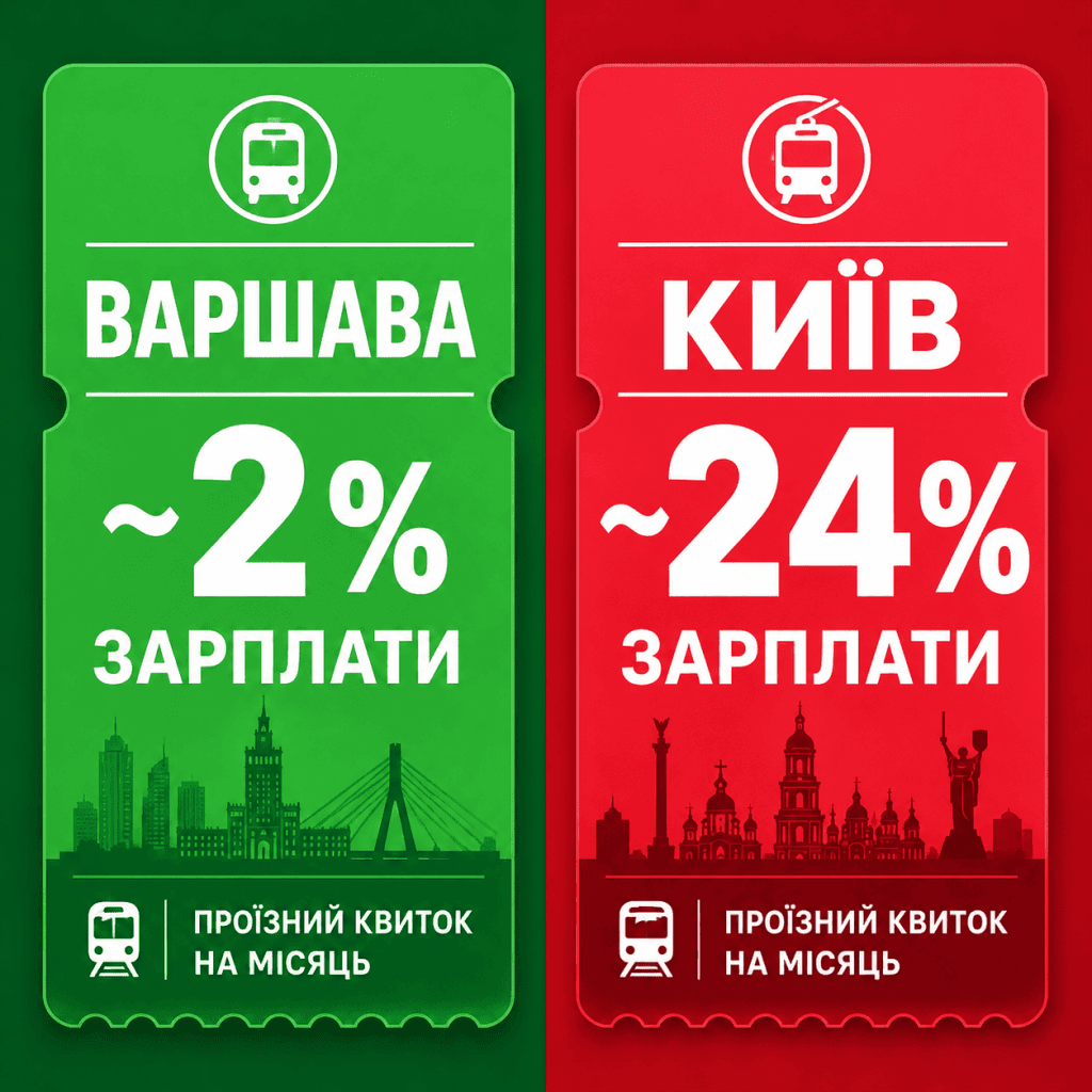 Графічне порівняння двох транспортних квитків. Лівий квиток зелений із написом «ВАРШАВА ~2% ЗАРПЛАТИ». Правий квиток червоний, на ньому великим жирним шрифтом sans-serif написано «КИЇВ ~24% ЗАРПЛАТИ». Зображення без людей.