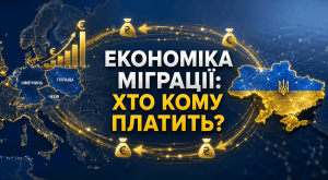 Динамічний баннер із заголовком «Економіка міграції: Хто кому платить?», що показує графічні потоки даних та грошей між картою України та картами країн ЄС, символізуючи взаємний економічний вплив.