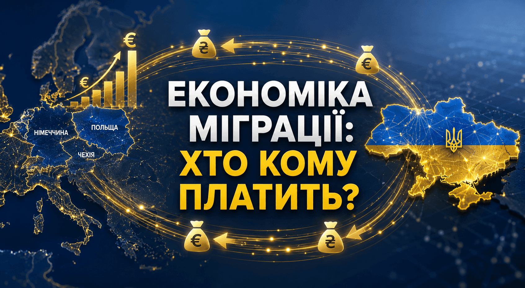 Динамічний баннер із заголовком «Економіка міграції: Хто кому платить?», що показує графічні потоки даних та грошей між картою України та картами країн ЄС, символізуючи взаємний економічний вплив.