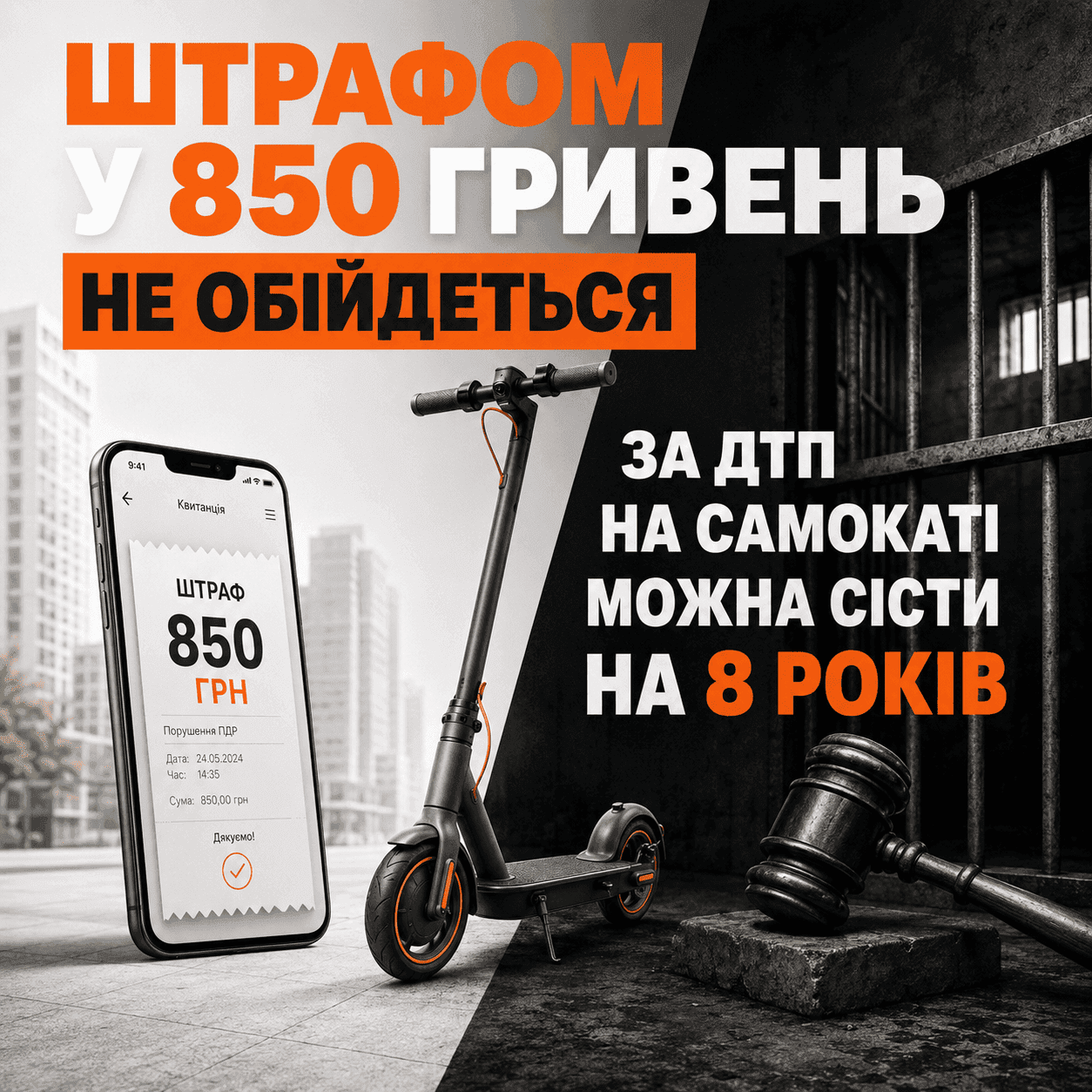 Графічний колаж, що протиставляє легке порушення ПДР на самокаті суворому кримінальному покаранню.