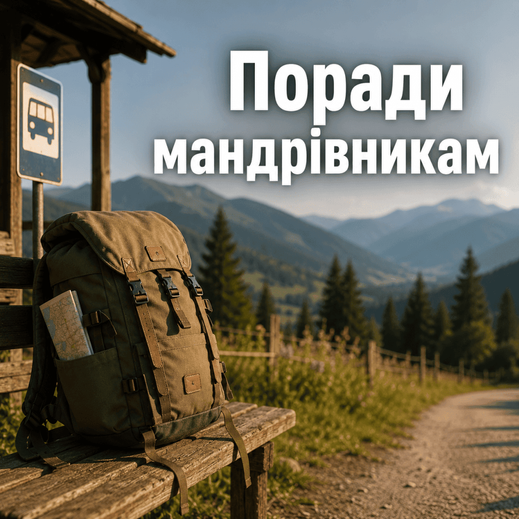 Туристичний рюкзак на зупинці в горах, графічна плашка з написом Поради мандрівникам щодо громадського транспорту.