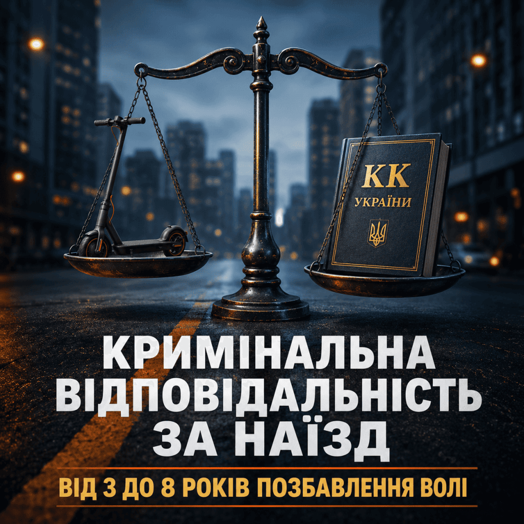 Стилізовані терези правосуддя, що символізують кримінальну відповідальність за аварію на самокаті з постраждалими.
