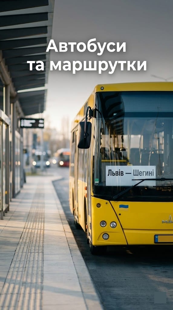 Маршрутний автобус Львів — Шегині на пероні автостанції біля залізничного вокзалу.