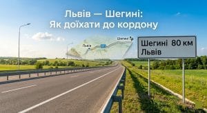 Широка траса зі Львова до Шегині з дорожнім вказівником та графічним маршрутом.