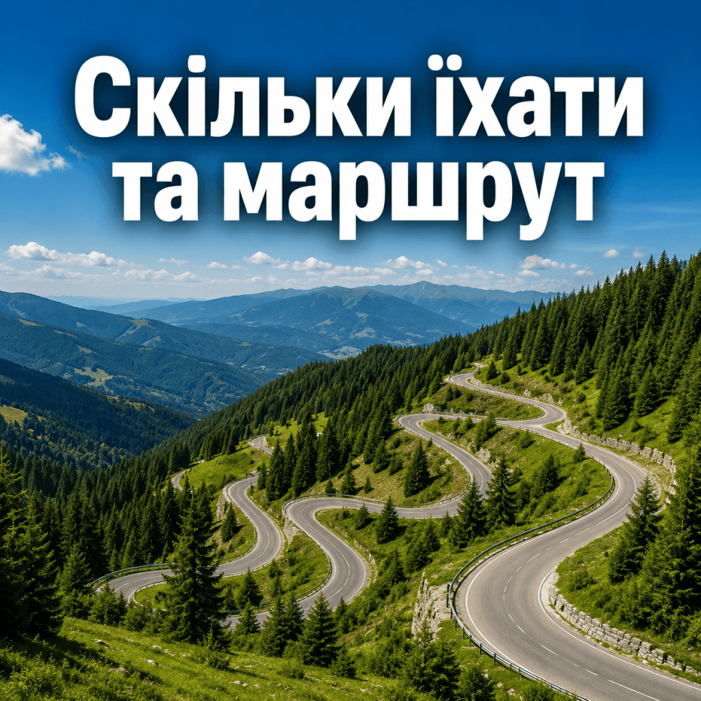 Вид зверху на гірський серпантин у Карпатах, заставка із текстом про час у дорозі та маршрут автобуса.
