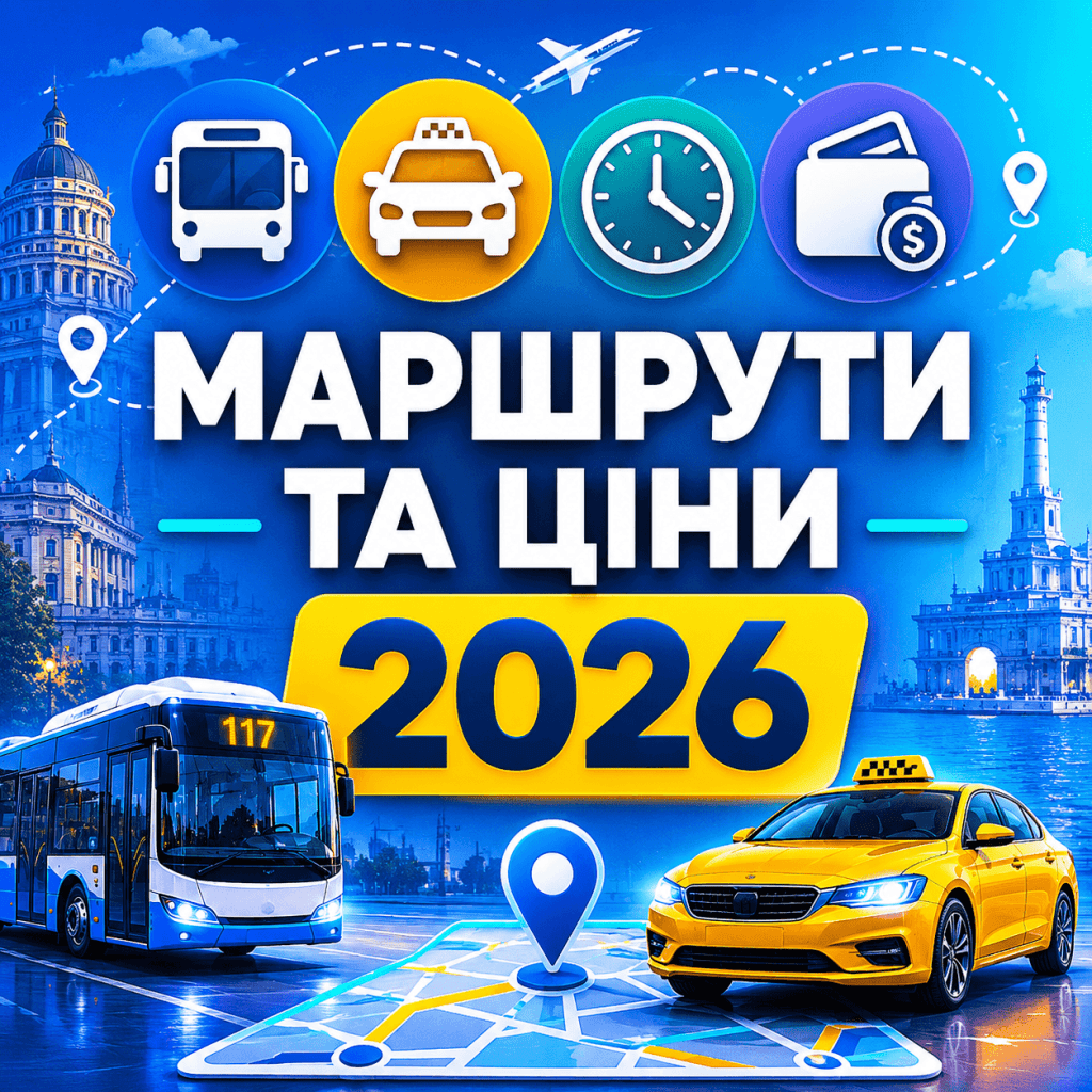 Графічна заставка з іконками транспорту та великим текстом про ціни та маршрути з аеропорту Одеси у 2026 році.