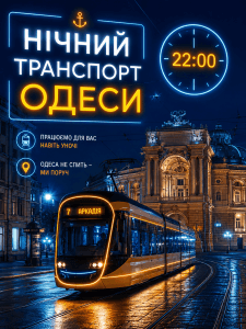 Нічний транспорт в Одесі: маршрути та графіки роботи після 22:00 на фоні нічного міста.
