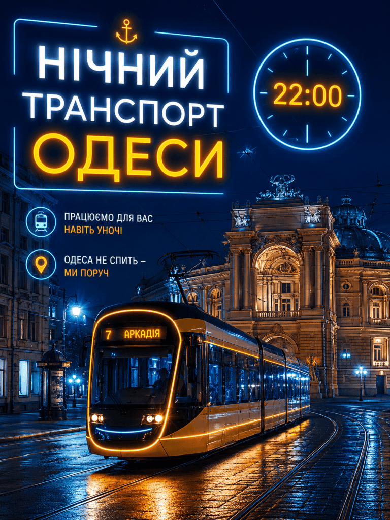 Нічний транспорт в Одесі: маршрути та графіки роботи після 22:00 на фоні нічного міста.