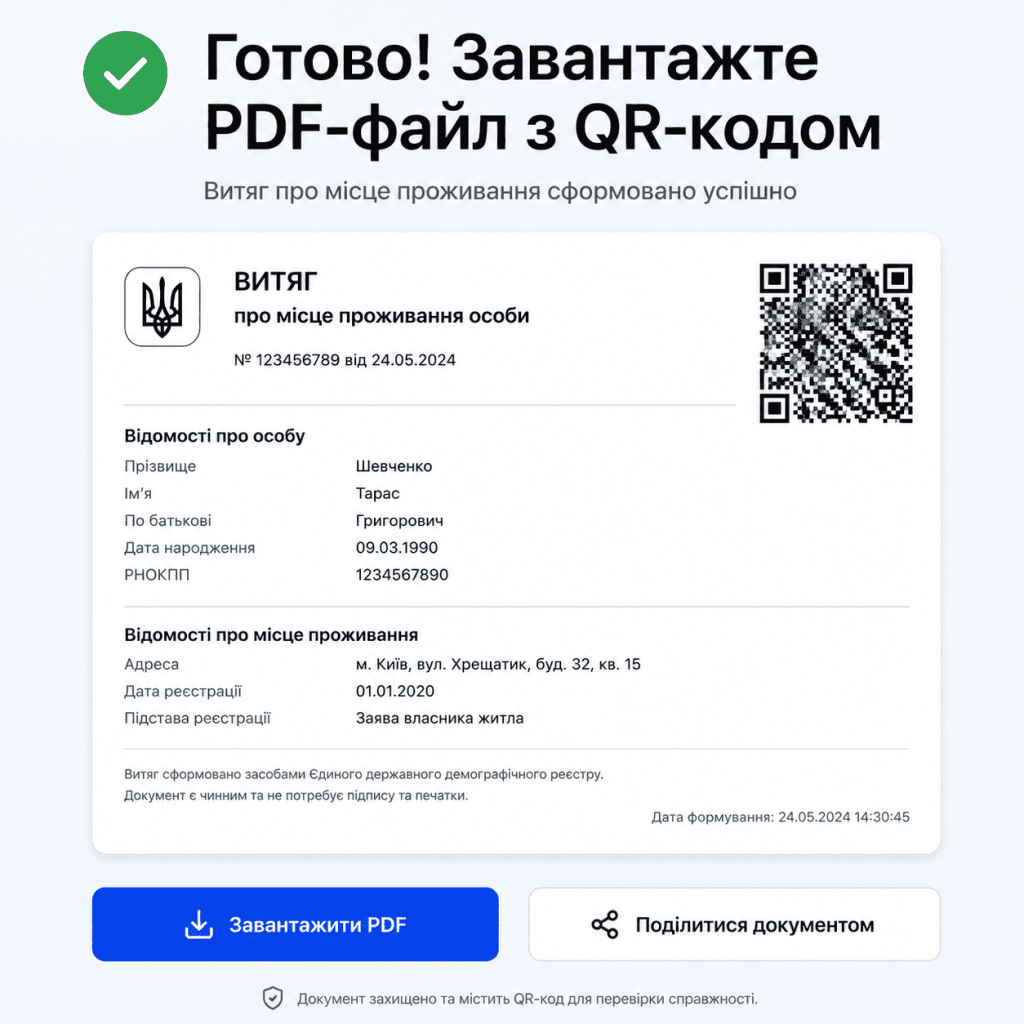 Цифровий витяг про прописку у форматі PDF із готовим QR-кодом для сканування та перевірки.