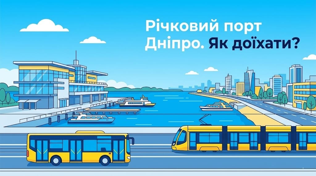 Головна будівля річкового порту у місті Дніпро та зупинки громадського транспорту навколо неї.